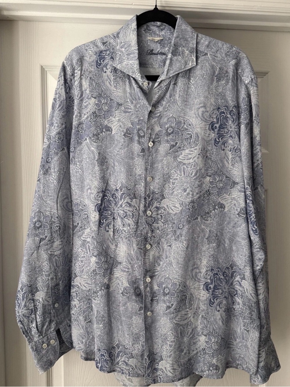 Stenstroms Shirt Mens XL Blue 100% Linen Floral Paisley Fitted Body Casual